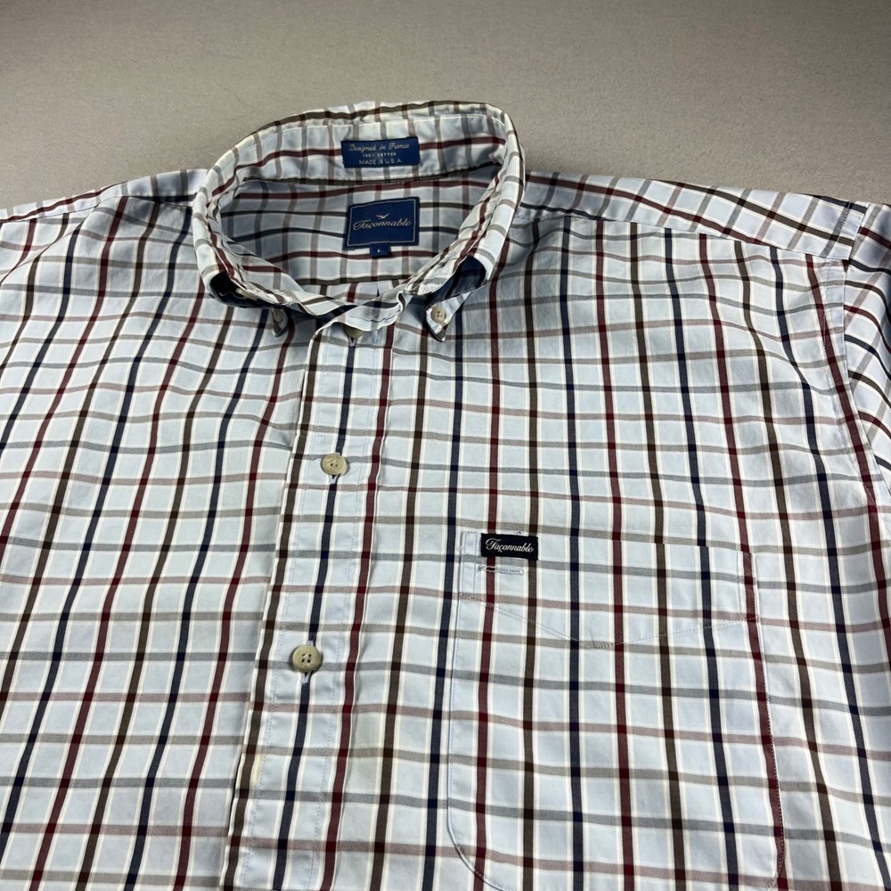 Faconnable‎ Mens Large Plaid Button Down Shirt Blue Burgundy Cotton Made in USA